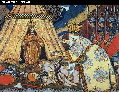 Ivan Bilibin Tsar Dadon meets the Shemakha queen